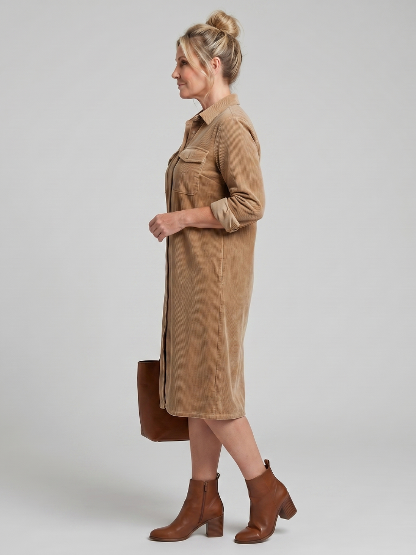 Beatrix | Hemdblusenkleid in Camel aus Cordoptik
