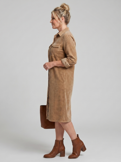Beatrix | Hemdblusenkleid in Camel aus Cordoptik