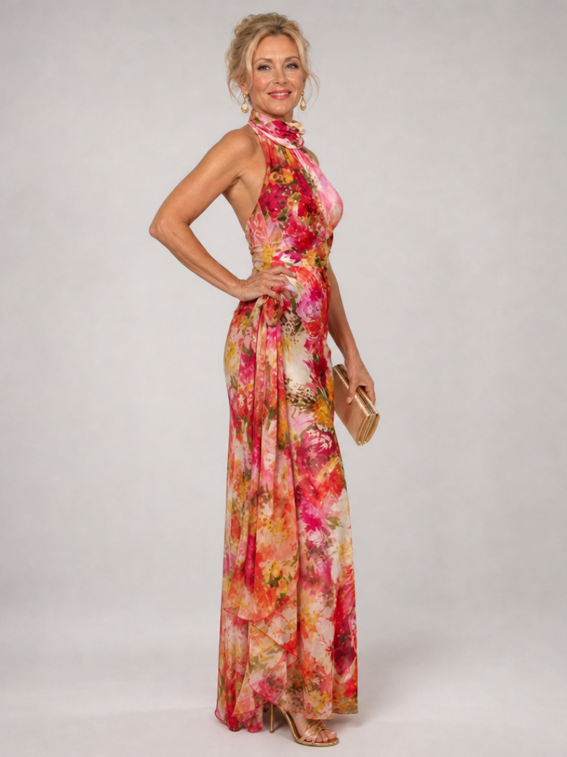 Ottiline | Maxikleid mit Blütendruck in Rot