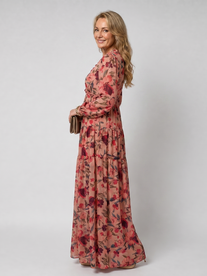 Adele | Maxikleid mit Blütendruck in Koralle
