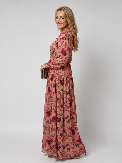 Adele | Maxikleid mit Blütendruck in Koralle