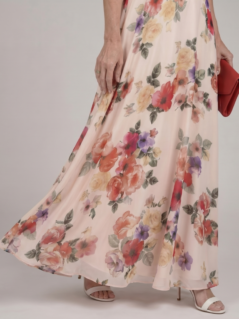 Berthilde | Maxikleid mit Rosendruck auf Creme