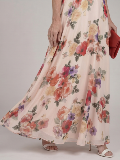Berthilde | Maxikleid mit Rosendruck auf Creme