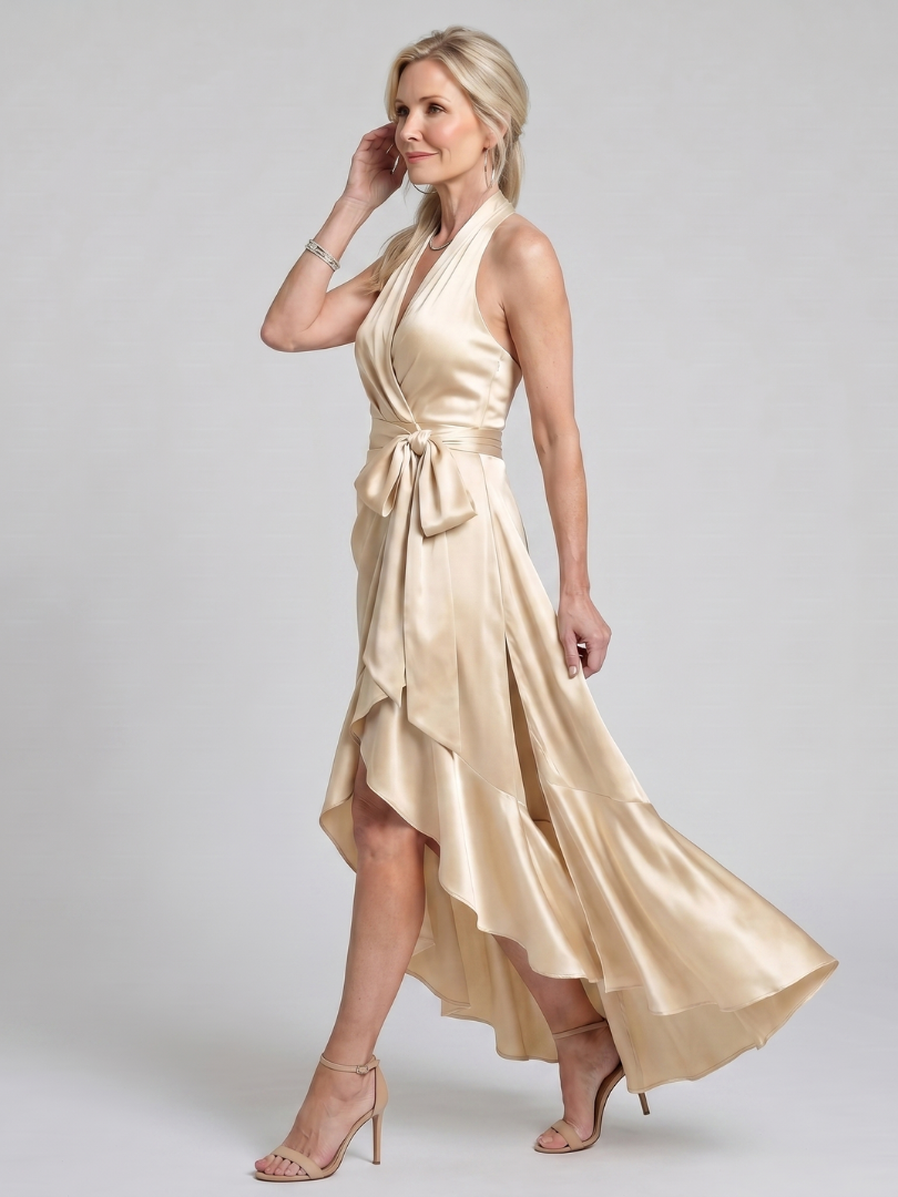 Constanze | Wickelkleid in Champagner mit Satinglanz