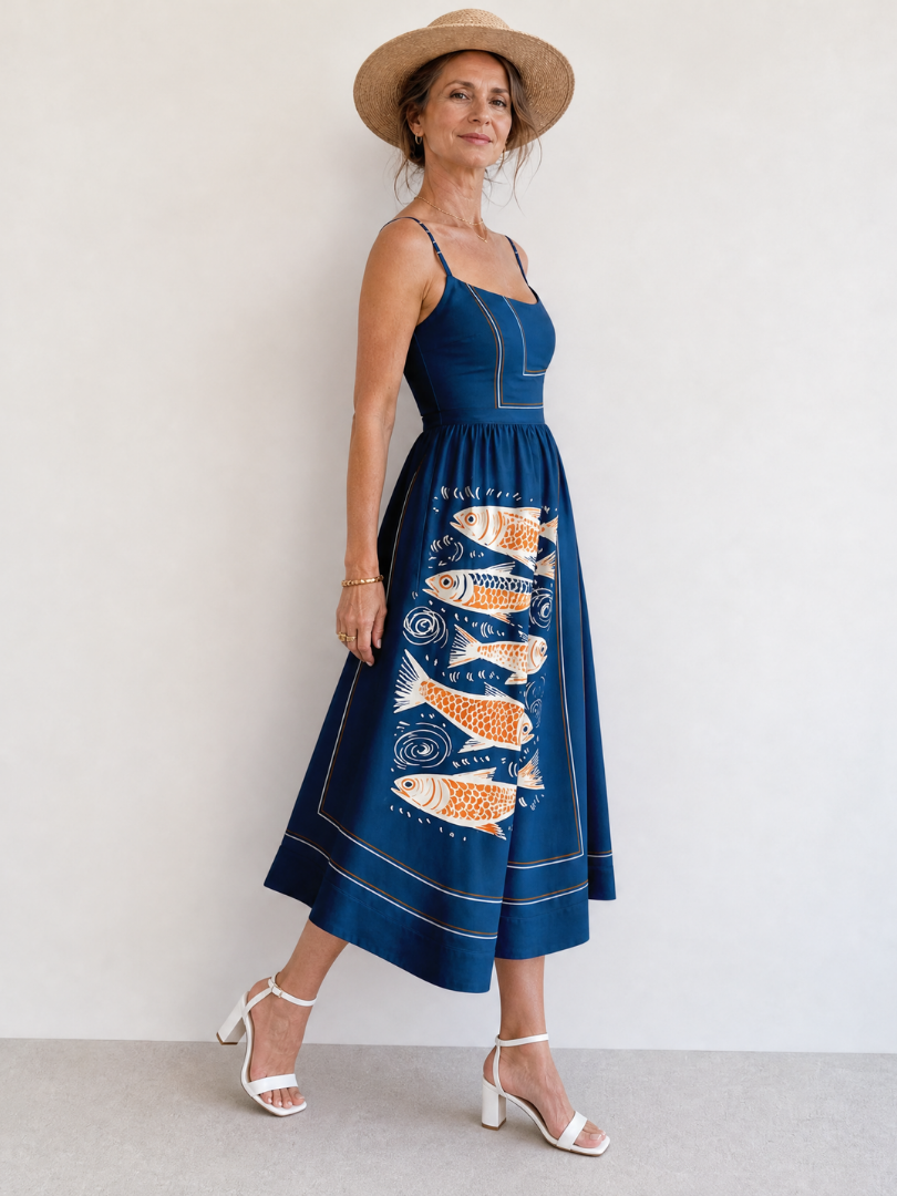 Doris | Midikleid mit Fischmuster und Kontrastsaum