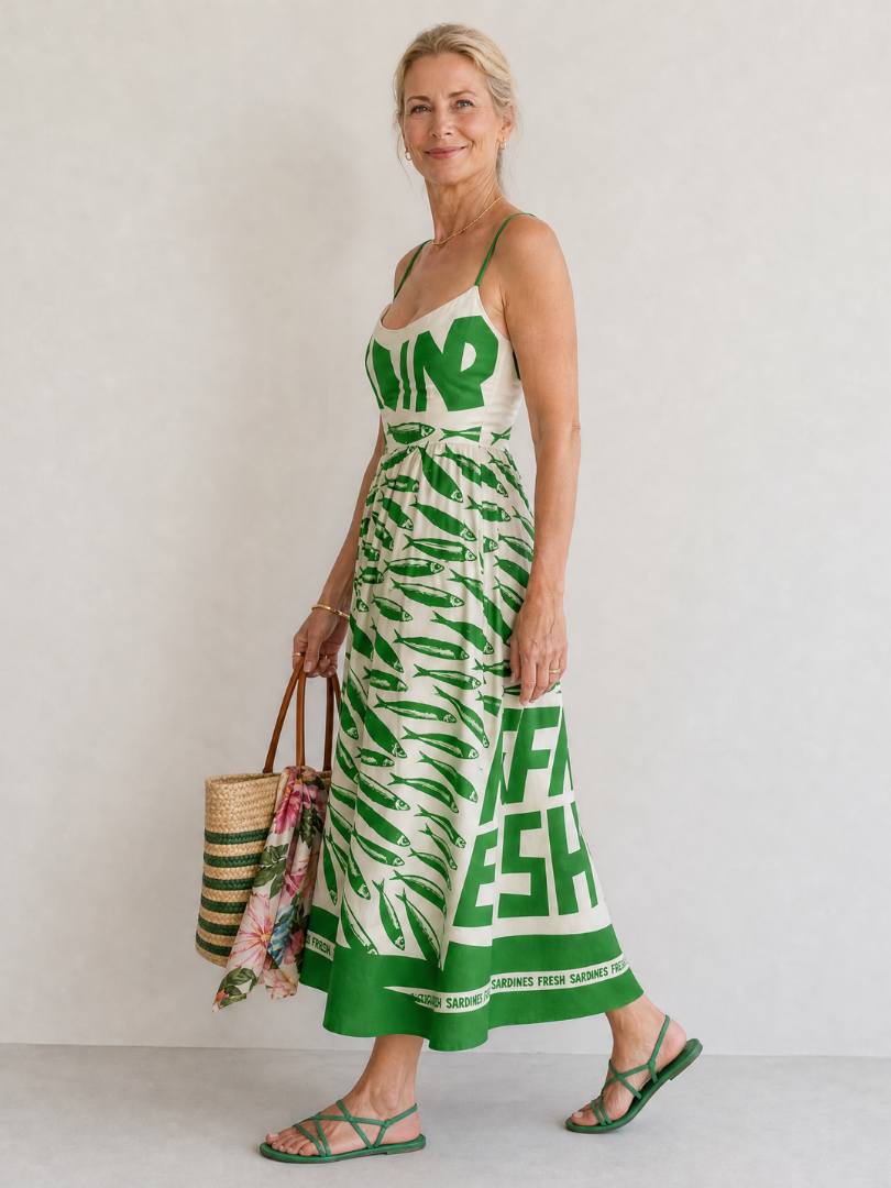 Jutta | Midikleid mit Fischdruck in Grün