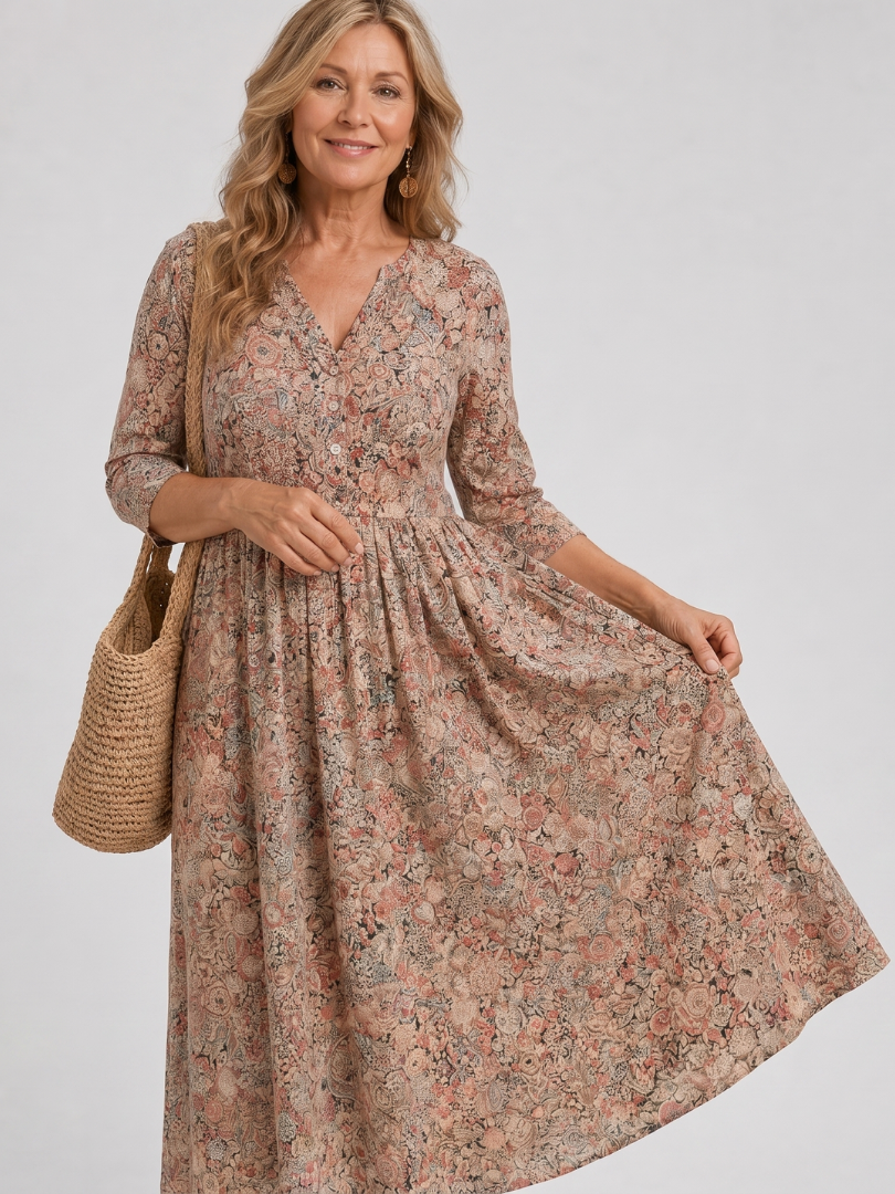 Kordelia | Midikleid mit Streublüten in Beige