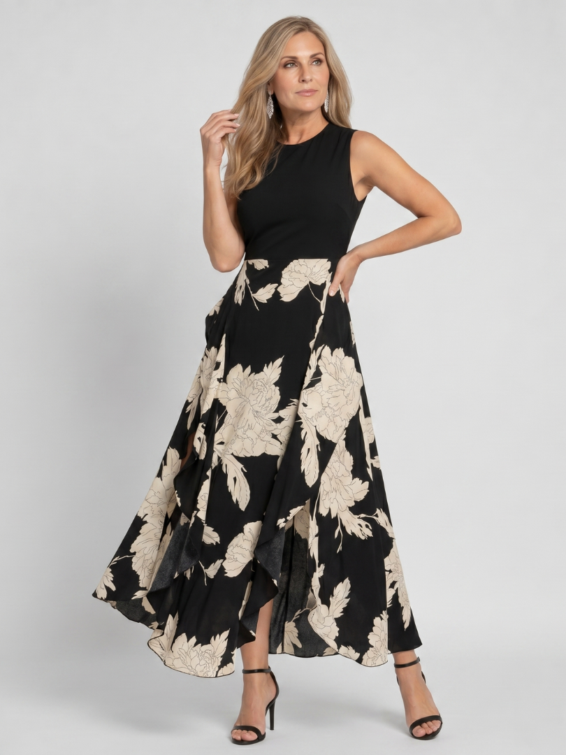 Rosita | Midikleid mit Blütendruck in Schwarz