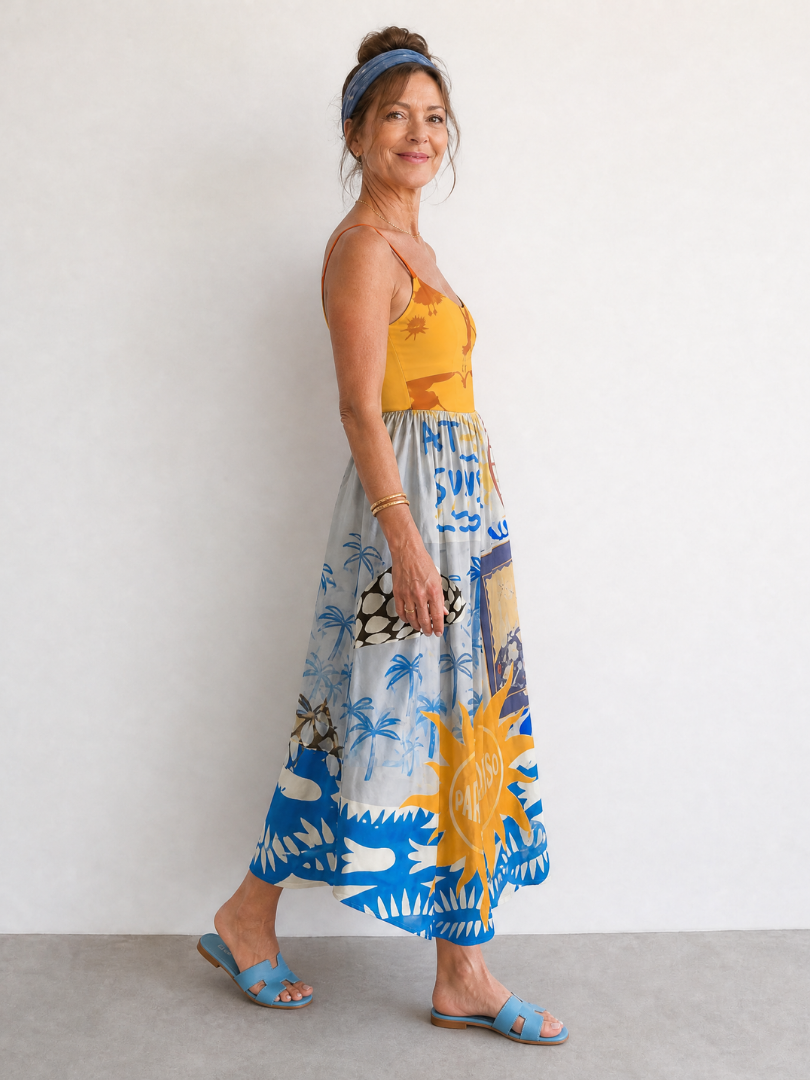 Veronika | Midikleid mit mediterranem Druck in Gelb und Blau