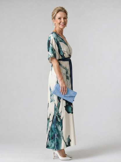 Klaudia | Maxikleid mit Blattdruck und Bindegürtel
