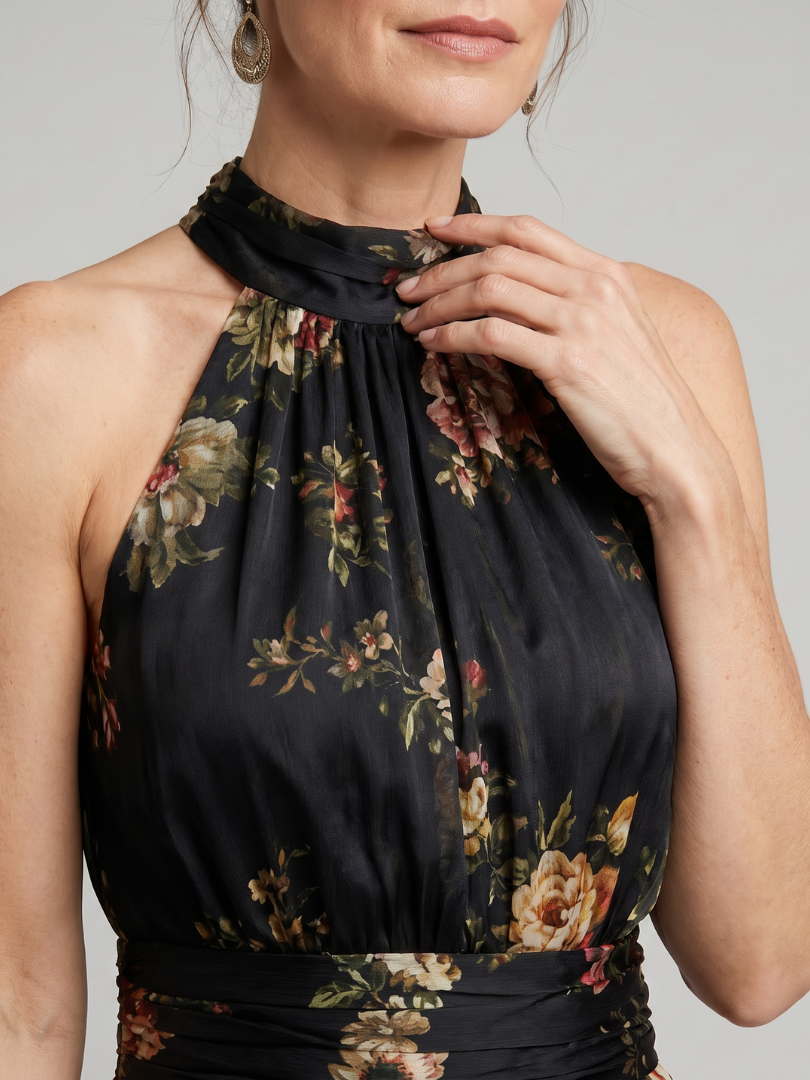 Roswitha-Luise | Maxikleid mit Rosendruck auf Schwarz