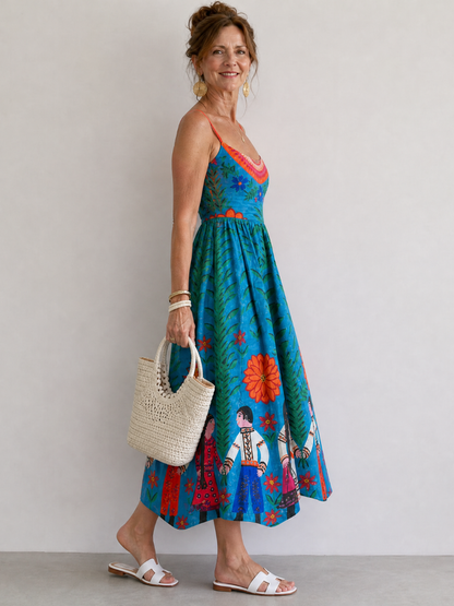 Britta | Midikleid mit Folklore-Druck in Blau
