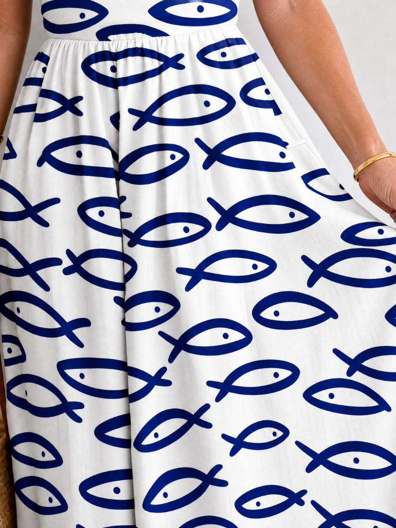 Franka | Midikleid mit Fischmuster in Weiß