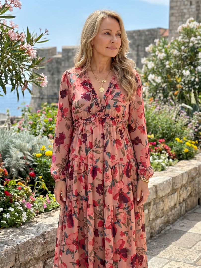 Adele | Maxikleid mit Blütendruck in Koralle