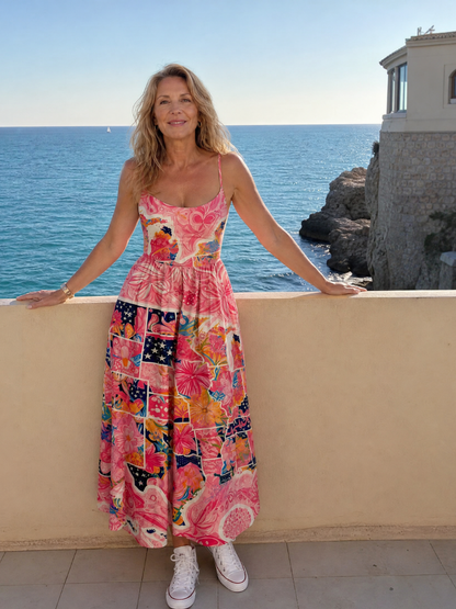 Renate | Midikleid mit Blumen-Patchwork in Rosa