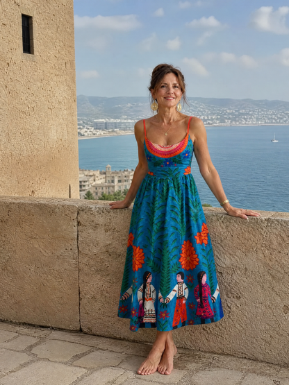 Britta | Midikleid mit Folklore-Druck in Blau