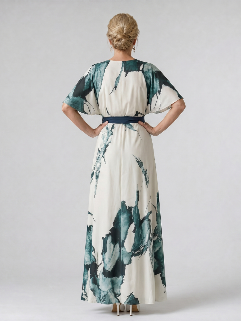 Klaudia | Maxikleid mit Blattdruck und Bindegürtel