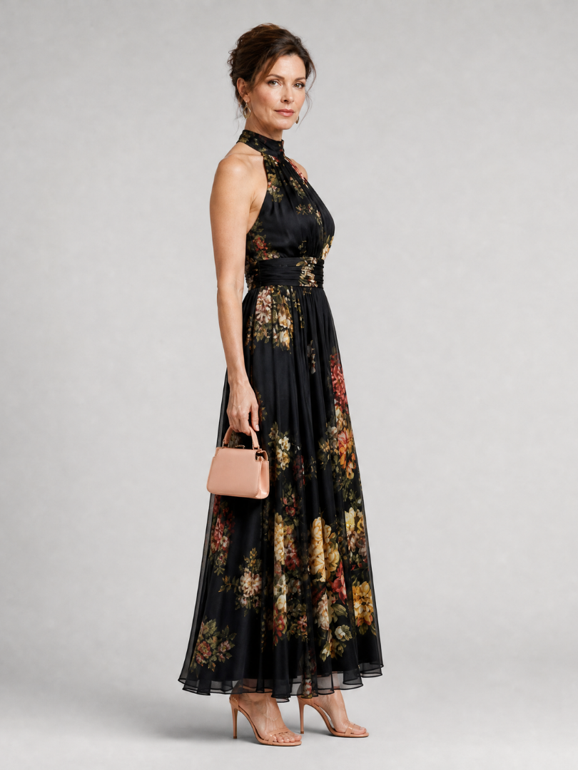 Roswitha-Luise | Maxikleid mit Rosendruck auf Schwarz