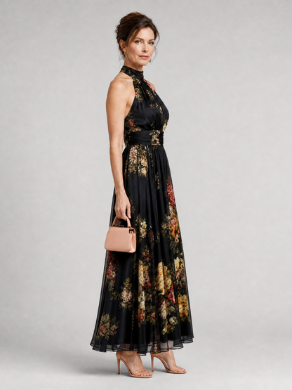 Roswitha-Luise | Maxikleid mit Rosendruck auf Schwarz