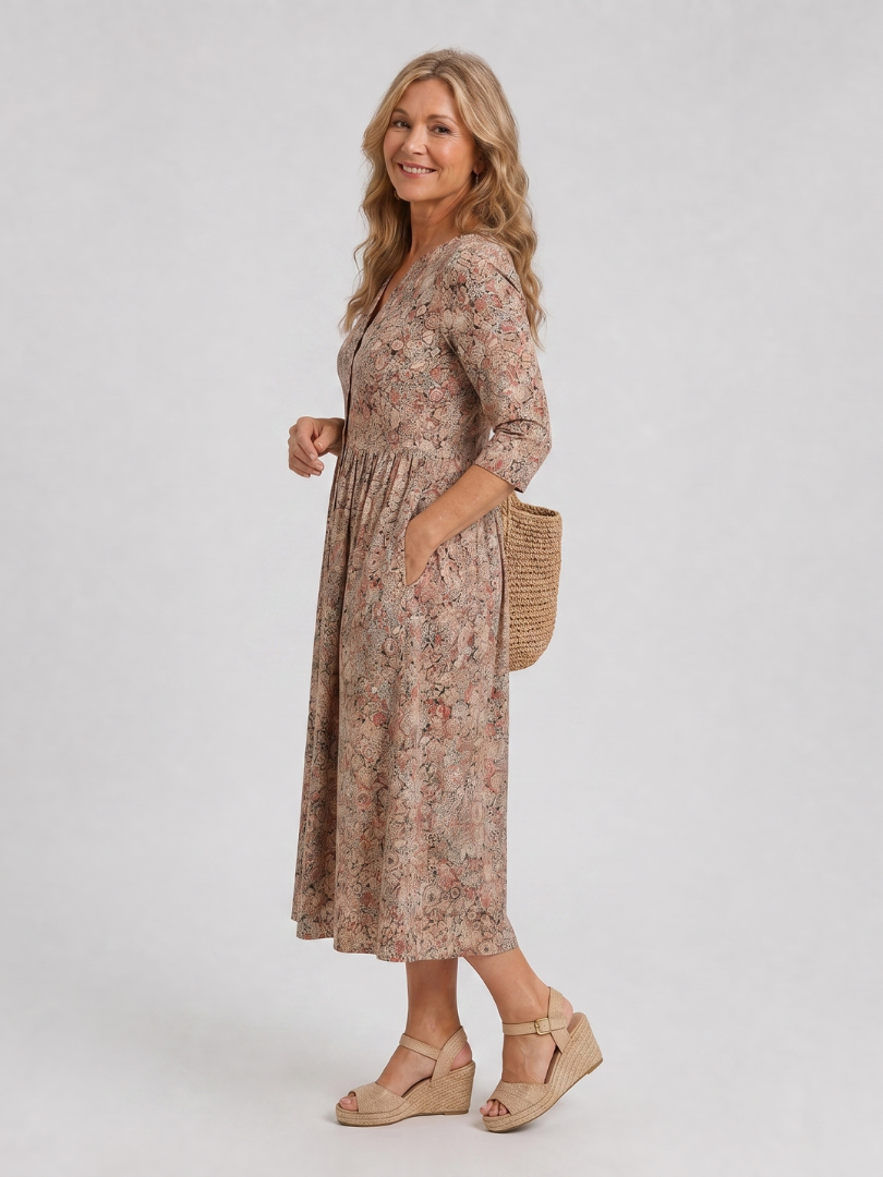 Kordelia | Midikleid mit Streublüten in Beige