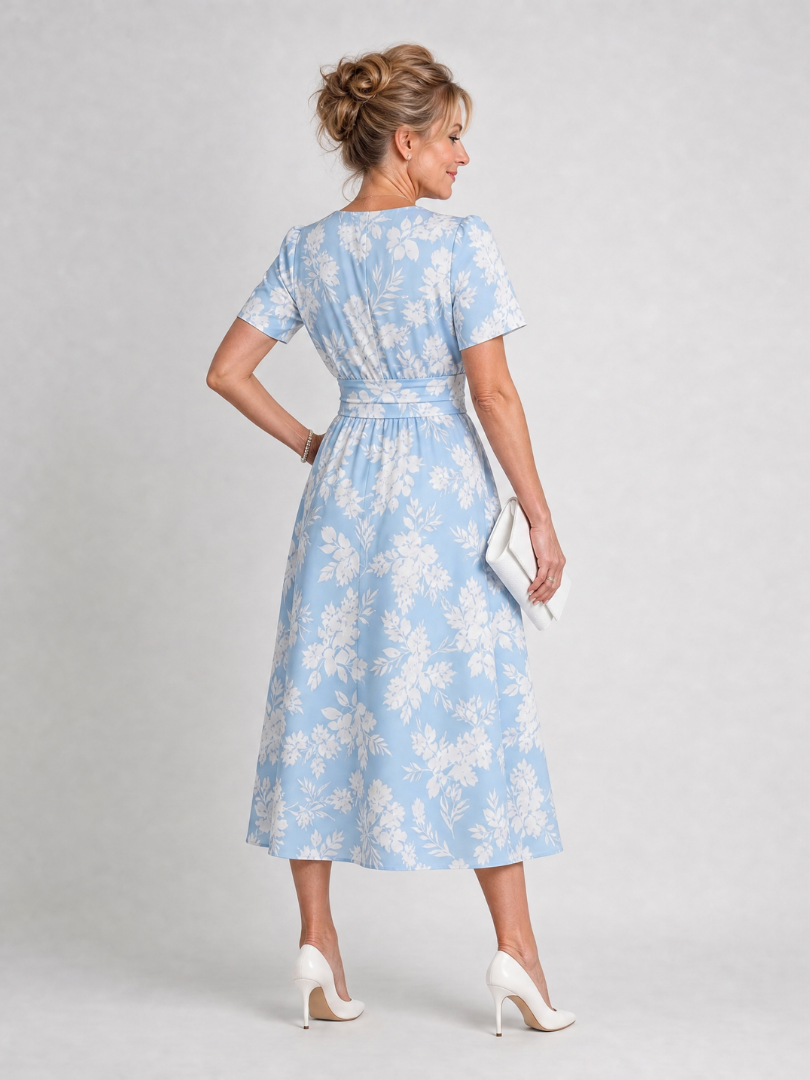 Irene | Midikleid mit Blütendruck in Hellblau