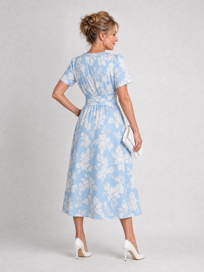Irene | Midikleid mit Blütendruck in Hellblau