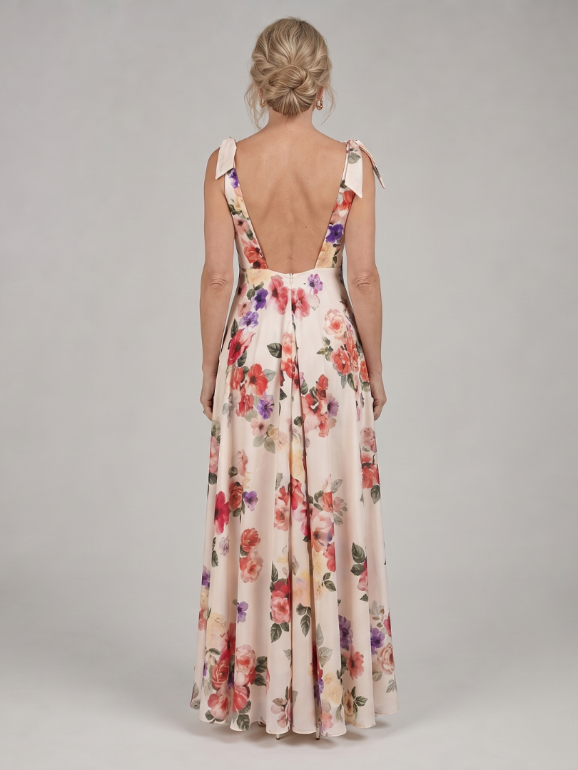 Berthilde | Maxikleid mit Rosendruck auf Creme