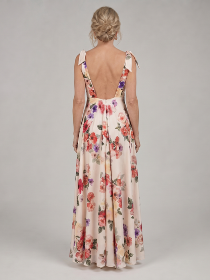 Berthilde | Maxikleid mit Rosendruck auf Creme