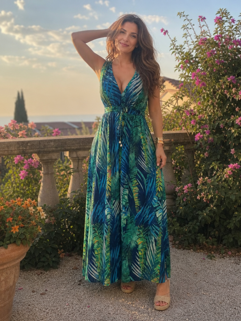 Ottokara | Maxikleid mit Blattdruck in Grün