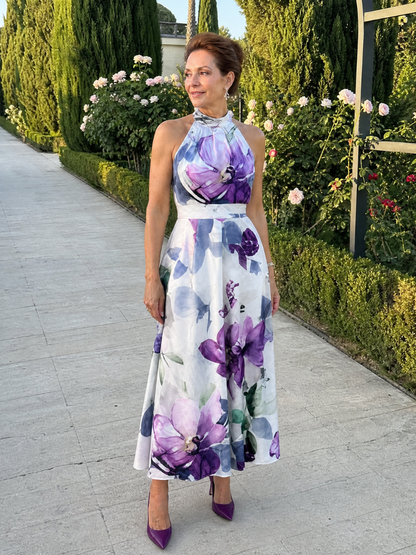 Ottilia | Midikleid mit Blütendruck in Violett