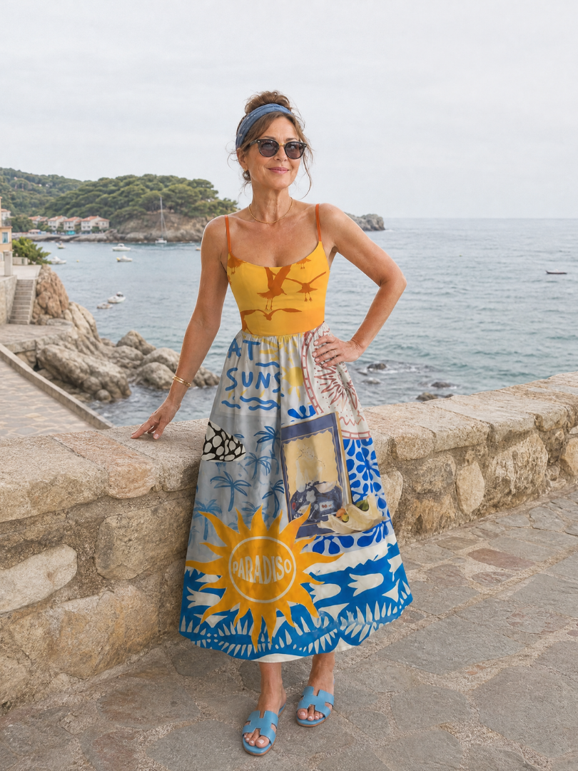 Veronika | Midikleid mit mediterranem Druck in Gelb und Blau
