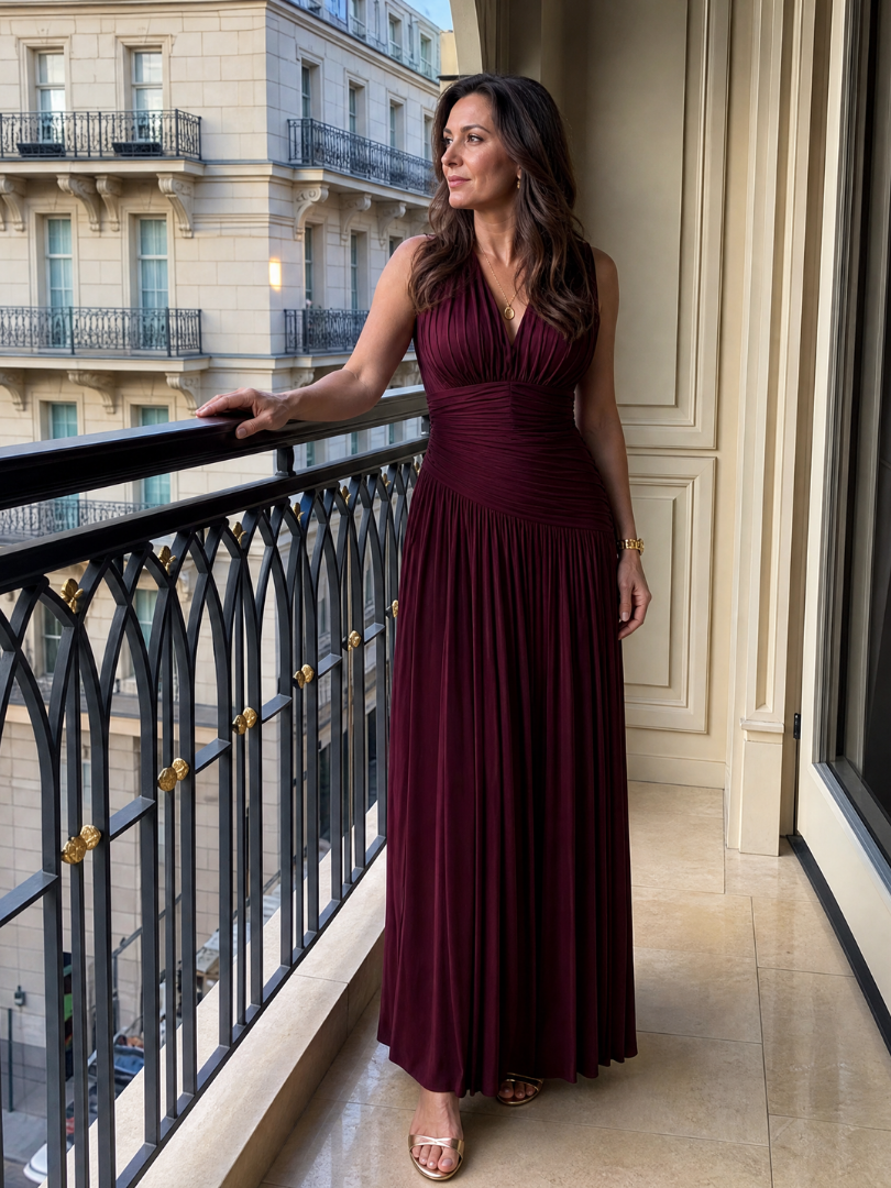 Theodolinde | Maxikleid in Bordeaux mit Plissee