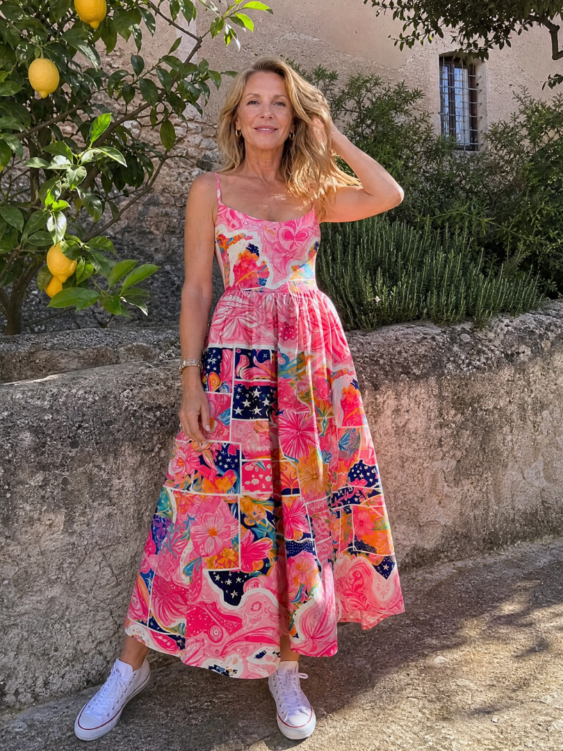 Renate | Midikleid mit Blumen-Patchwork in Rosa