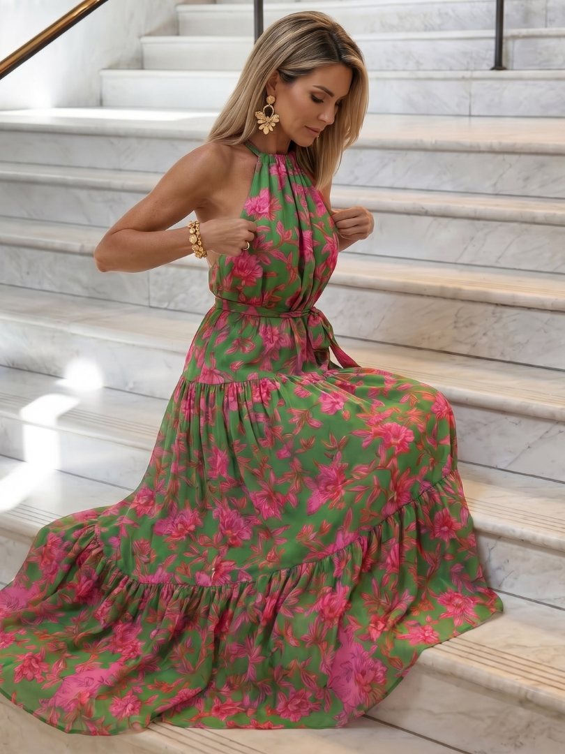 Marika-Luise | Midikleid mit Blütendruck in Grün und Pink