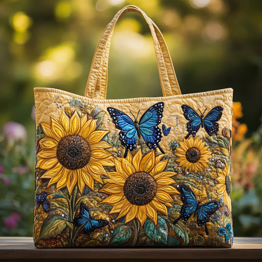 Imme | Gesteppte Tragetasche mit Motiv Sonnenblumen und Blaue Schmetterlinge