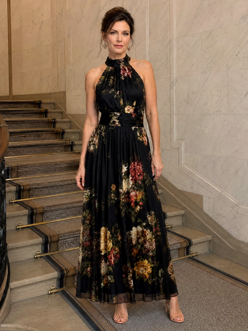 Roswitha-Luise | Maxikleid mit Rosendruck auf Schwarz