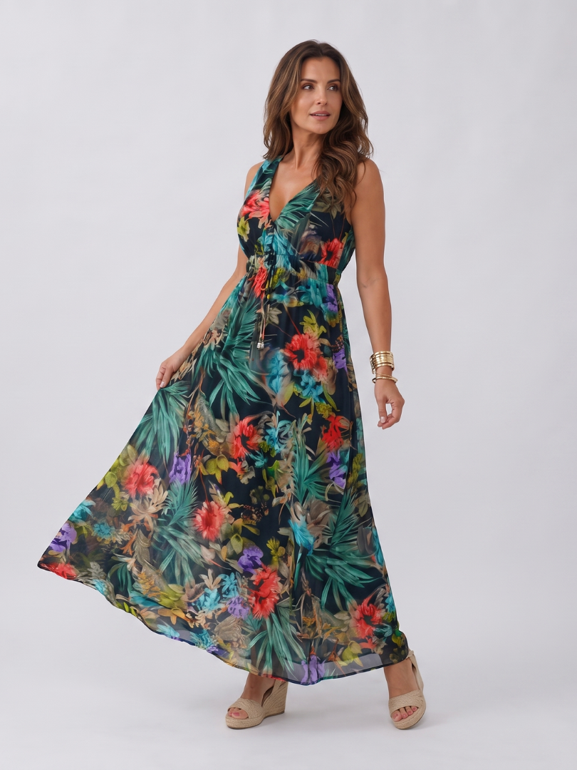 Ottokara | Maxikleid mit Blattdruck in Grün