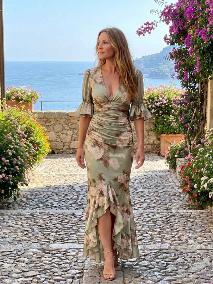 Marlene-Sophie | Midikleid mit Blütendruck in Salbei