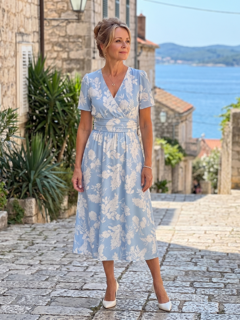 Irene | Midikleid mit Blütendruck in Hellblau