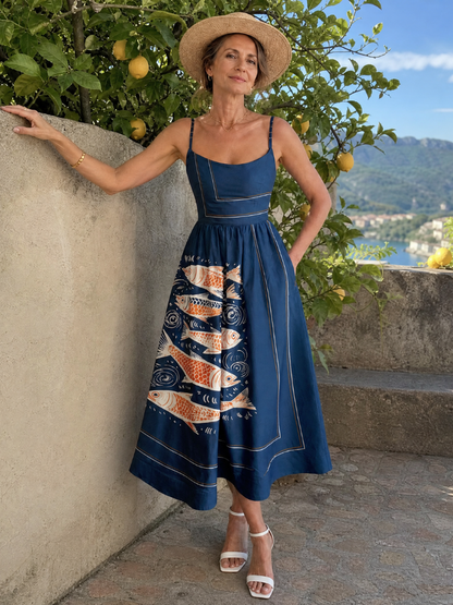 Doris | Midikleid mit Fischmuster und Kontrastsaum