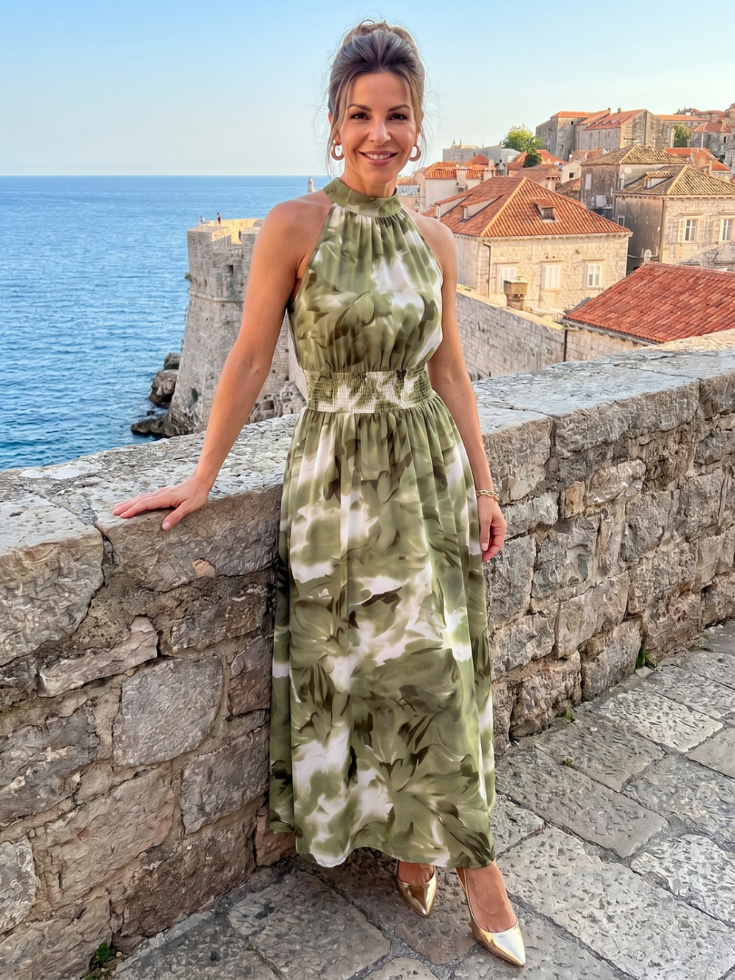 Gundula-Marie | Midikleid mit Aquarelldruck in Oliv