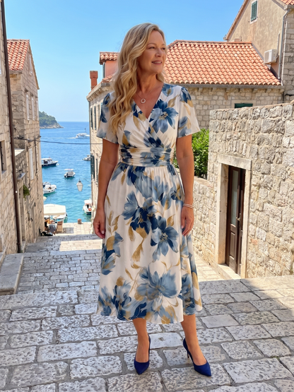 Isabella | Midikleid mit Blütendruck in Blau