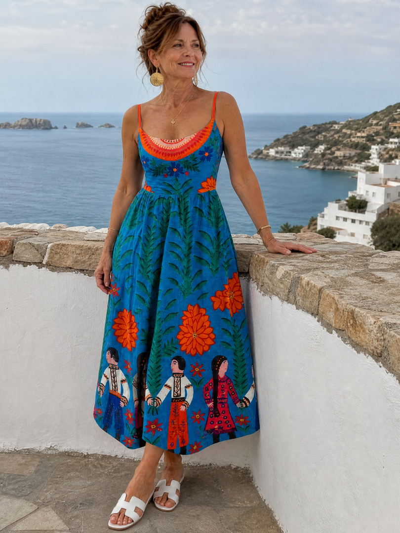 Britta | Midikleid mit Folklore-Druck in Blau