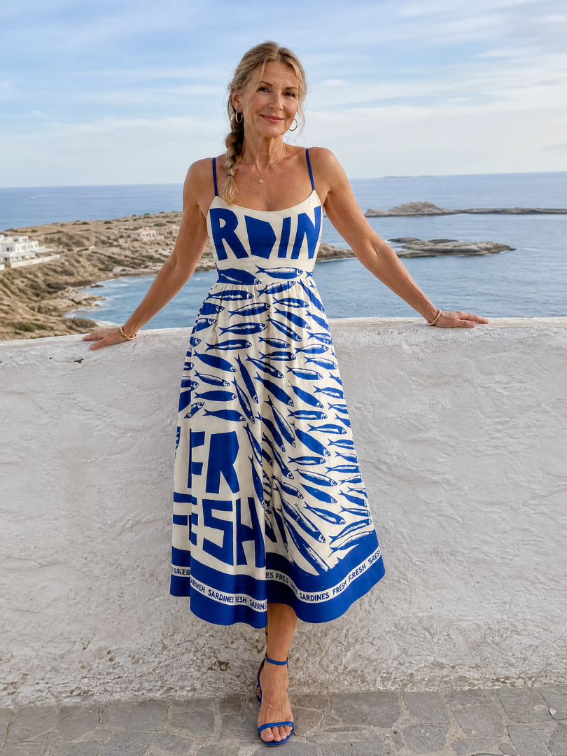 Anke | Midikleid mit Fischmuster in Blau