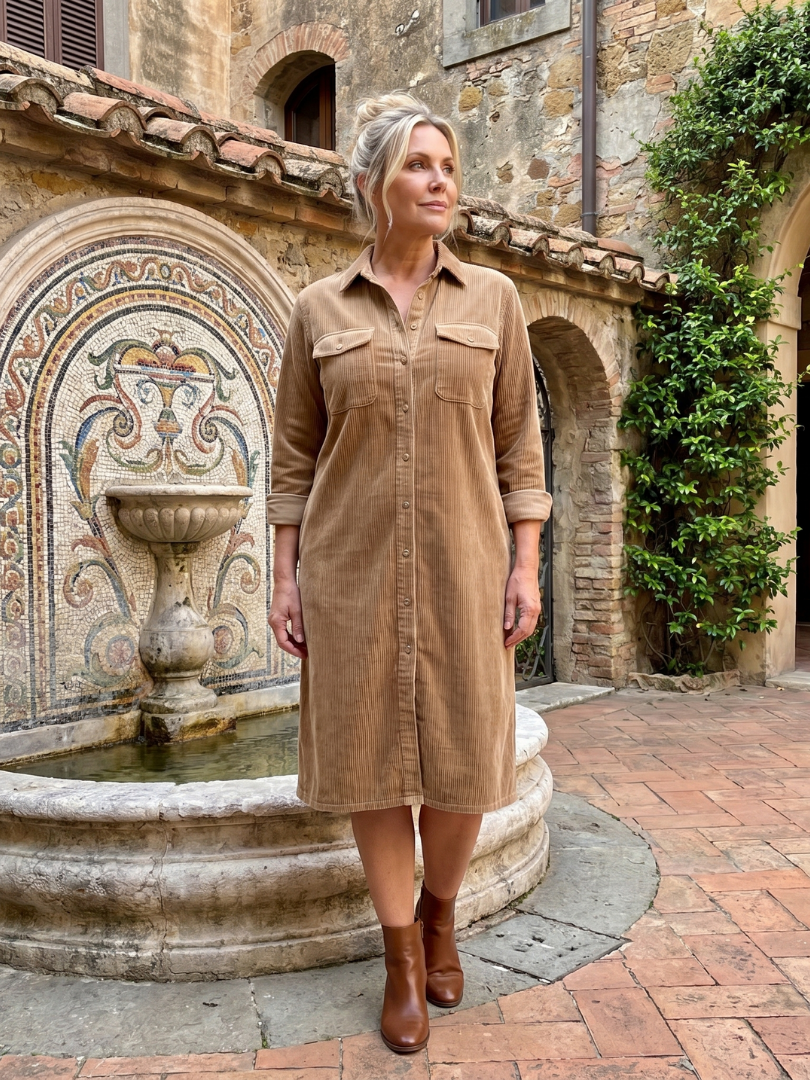 Beatrix | Hemdblusenkleid in Camel aus Cordoptik