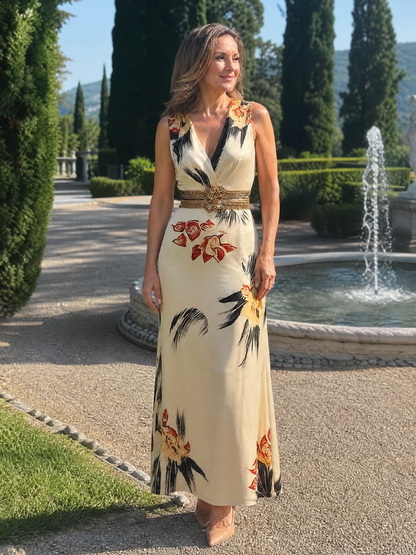 Gertraud | Ärmelloses Kleid mit Blütendruck auf Creme