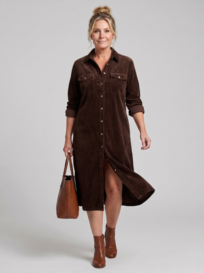 Beatrix | Hemdblusenkleid in Camel aus Cordoptik