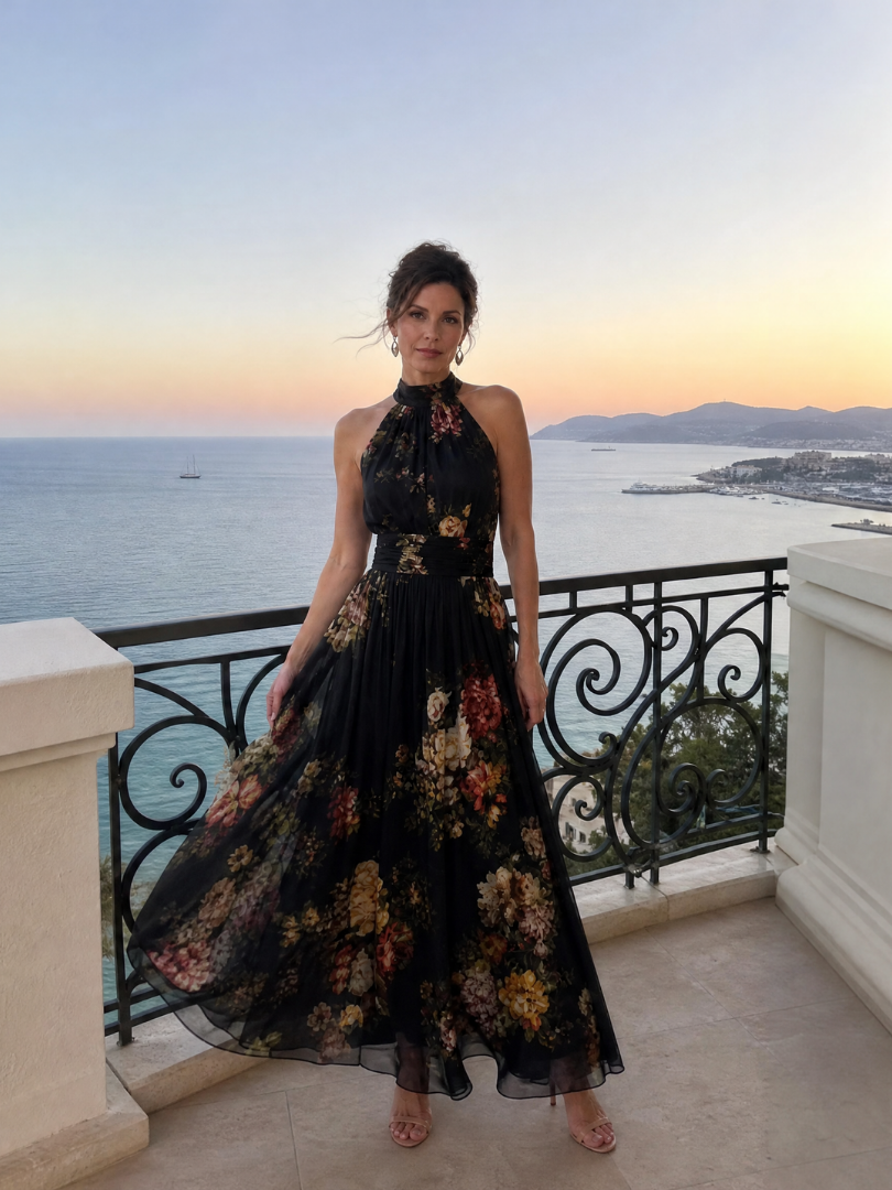 Roswitha-Luise | Maxikleid mit Rosendruck auf Schwarz