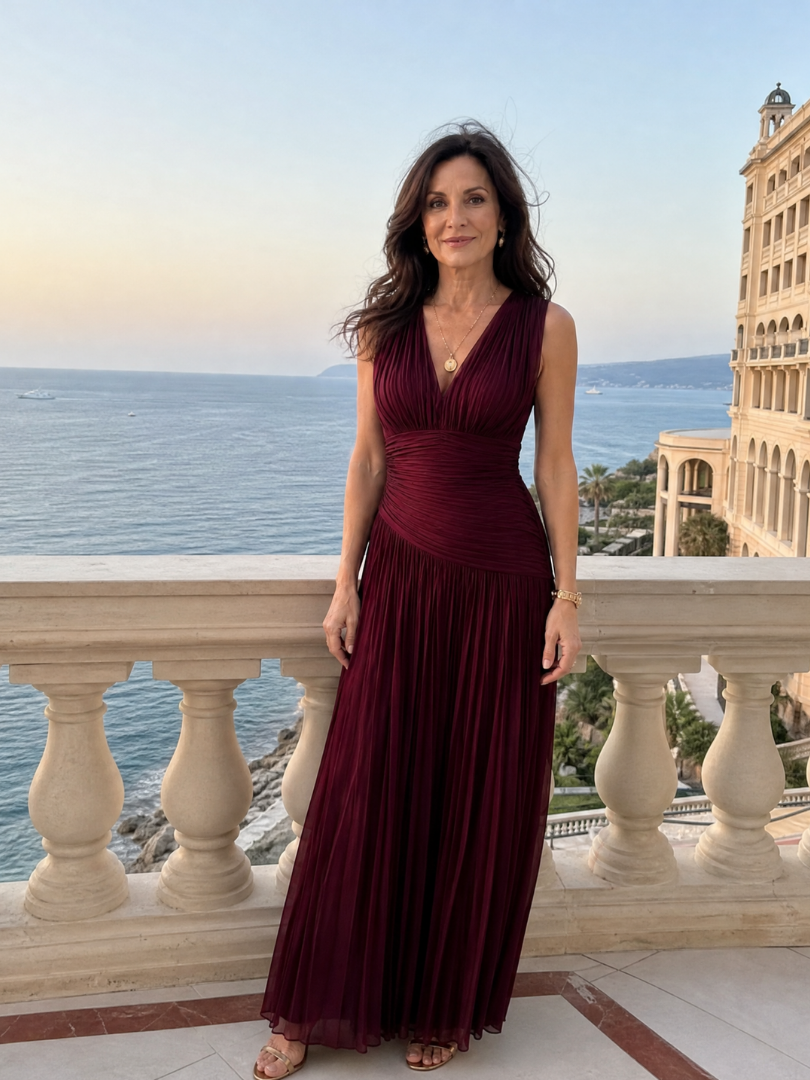 Theodolinde | Maxikleid in Bordeaux mit Plissee