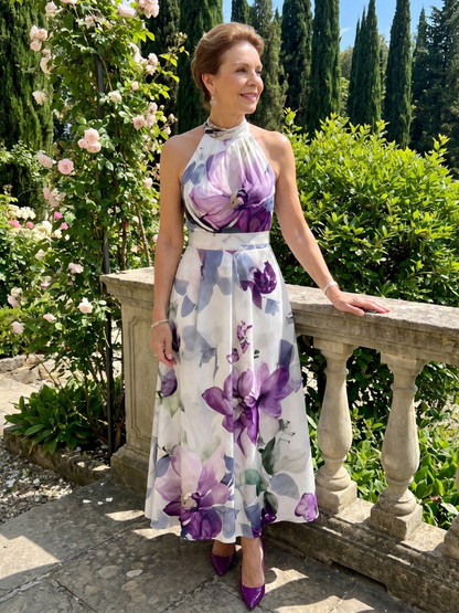 Ottilia | Midikleid mit Blütendruck in Violett